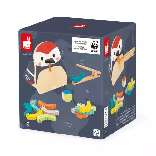 Pájaro carpintero y orugas de colores